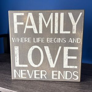 {FAMILY WHERE LIFE BEGINS AND LOVE NEVER ENDS} wall art, distressed farmhouse